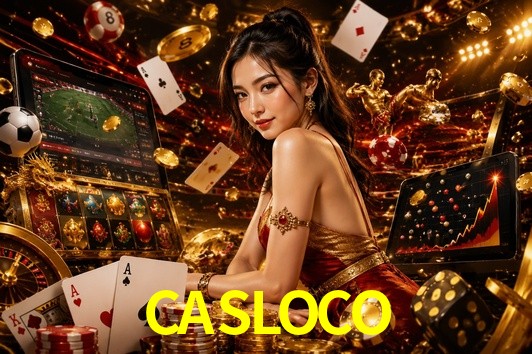Una escena digital vívida inspirada en casino con CASLOCO mostrado prominentemente, luces brillantes, fichas, cartas y acentos dorados.