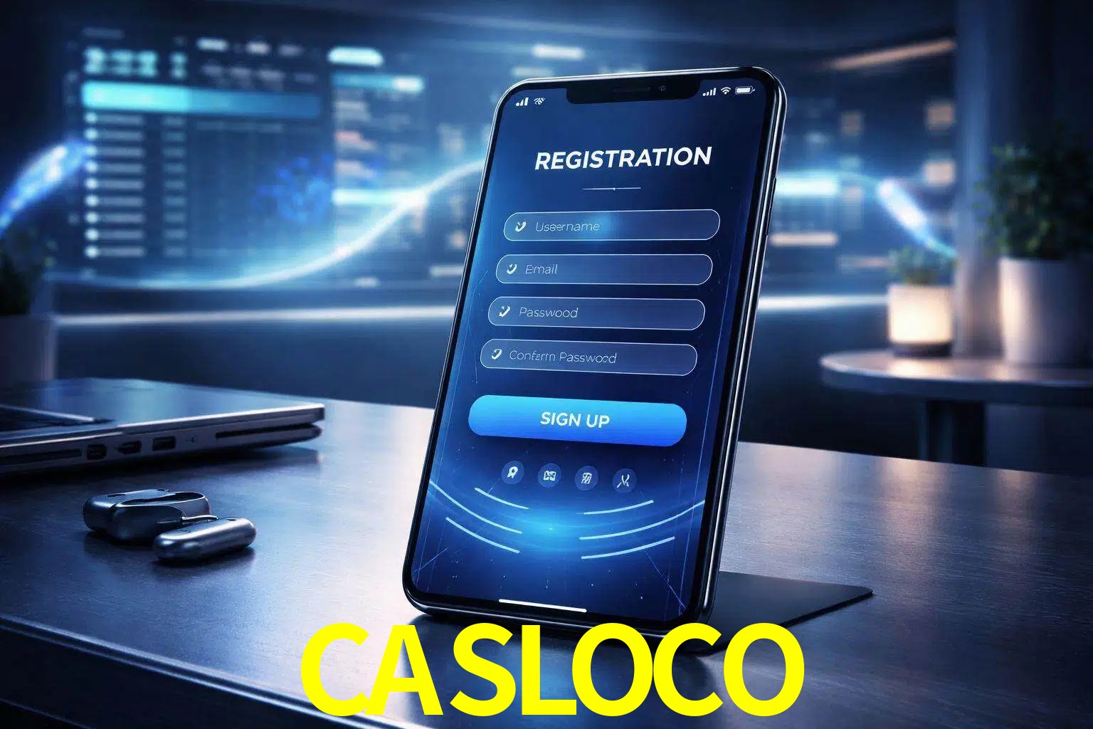 Una interfaz moderna de registro móvil para CASLOCO mostrada en un smartphone con un panel de apuestas elegante.